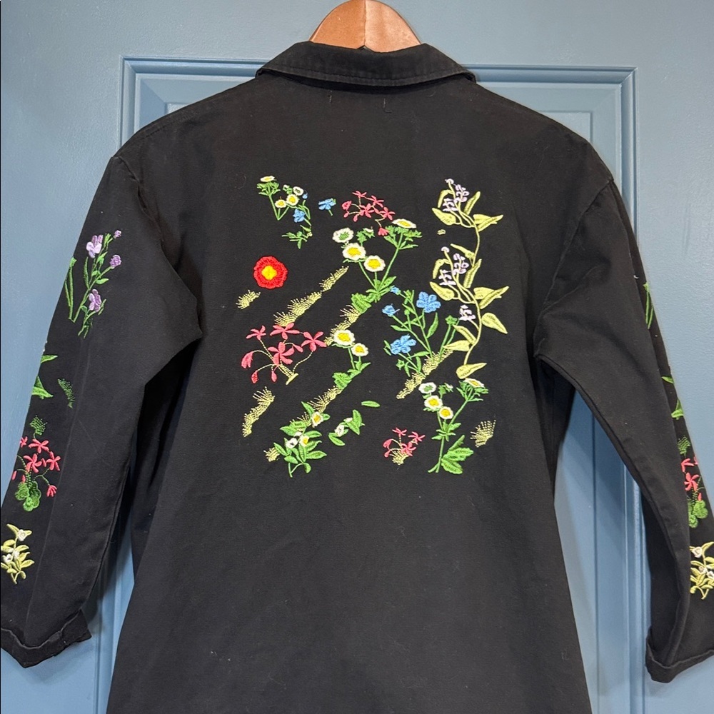 Boho Embroidered Shirt Jacket Black Floral Cotton Shacket Medium Folk - Picture 3 of 6
